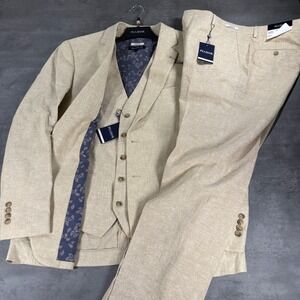 Jos. A. Bank 3-Piece Suit Mens 44R 35x32 Slim Fit Tan Linen Cotton Blend $460